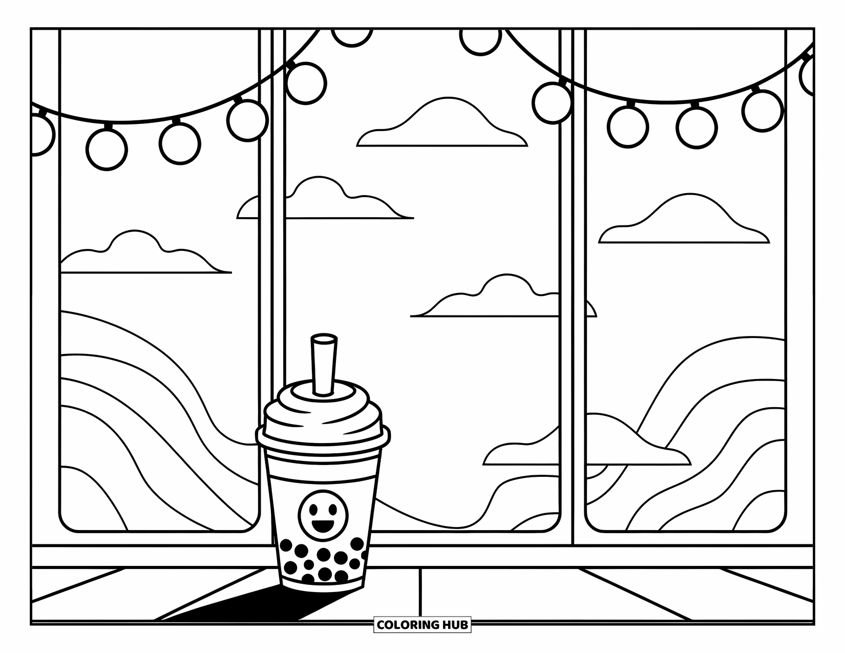Boba Tea Kleurplaat voor Kinderen: Een boba-beker zit bij een raam met wervelende patronen, wolken en hangende lichtslingers