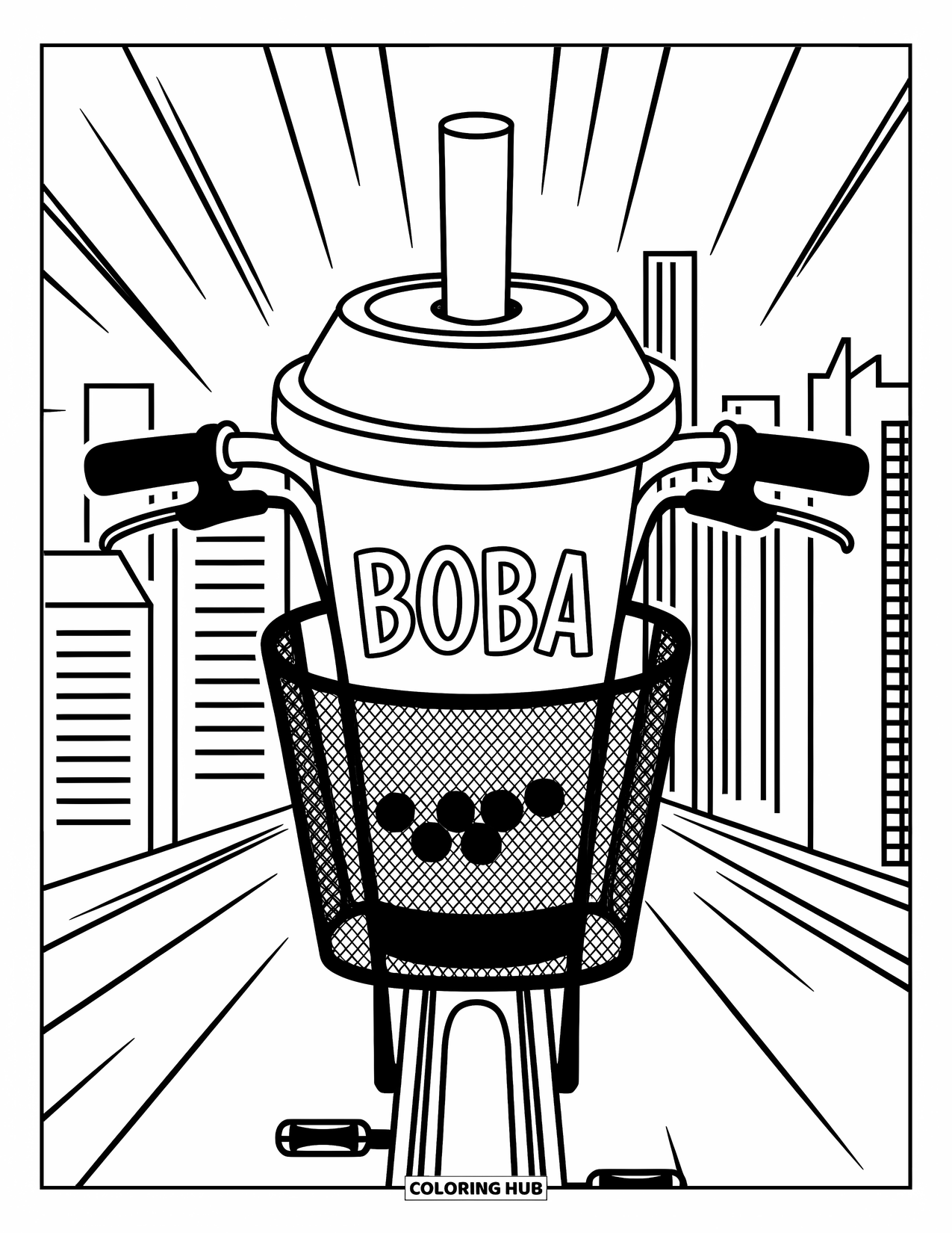 Boba Tea Kleurplaat voor Kinderen: Een boba beker staat in een fietsmand, omringd door strakke stadslijnen en gebouwen