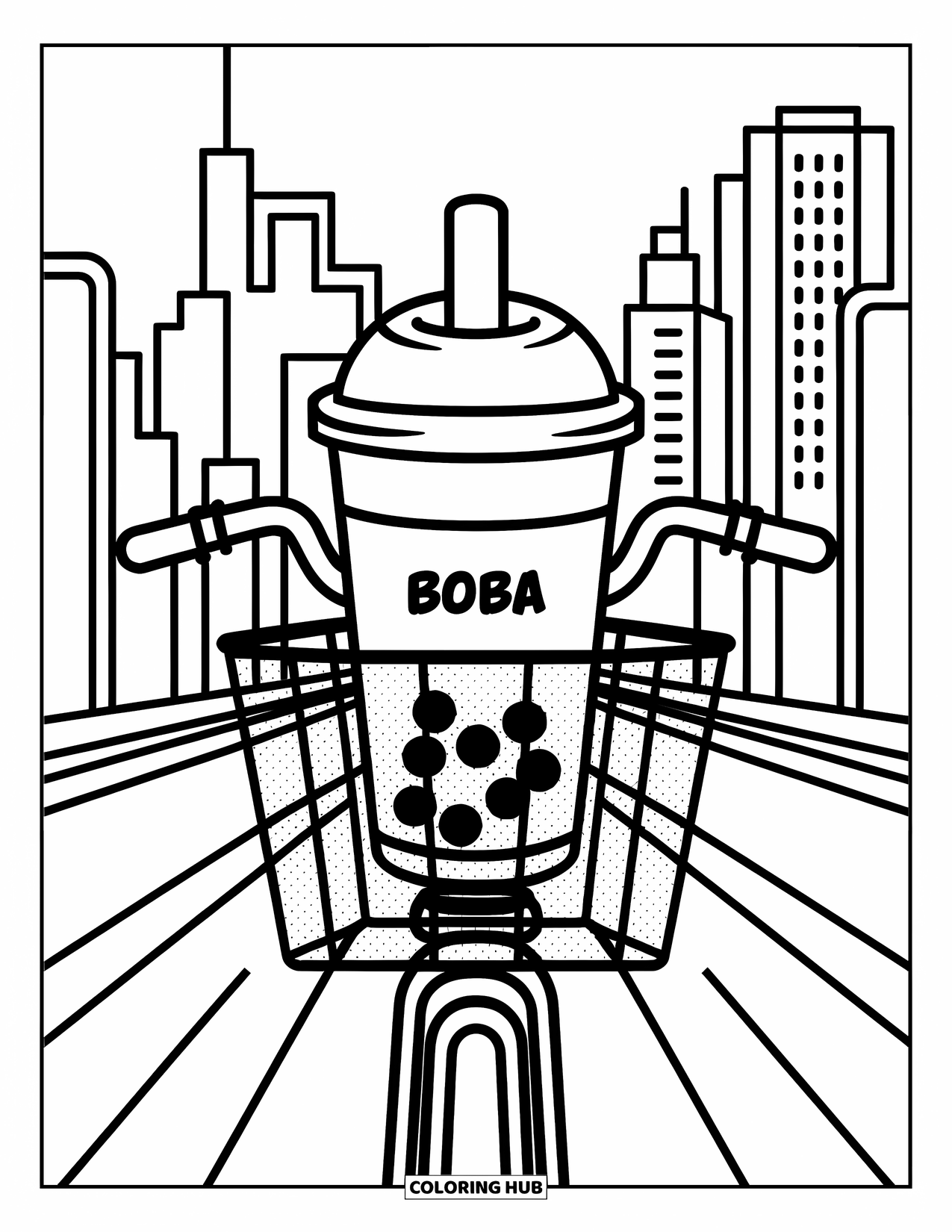 Boba Tea Kleurplaat voor Kinderen: Een boba beker zit in een fietsmand met een skyline van de stad op de achtergrond