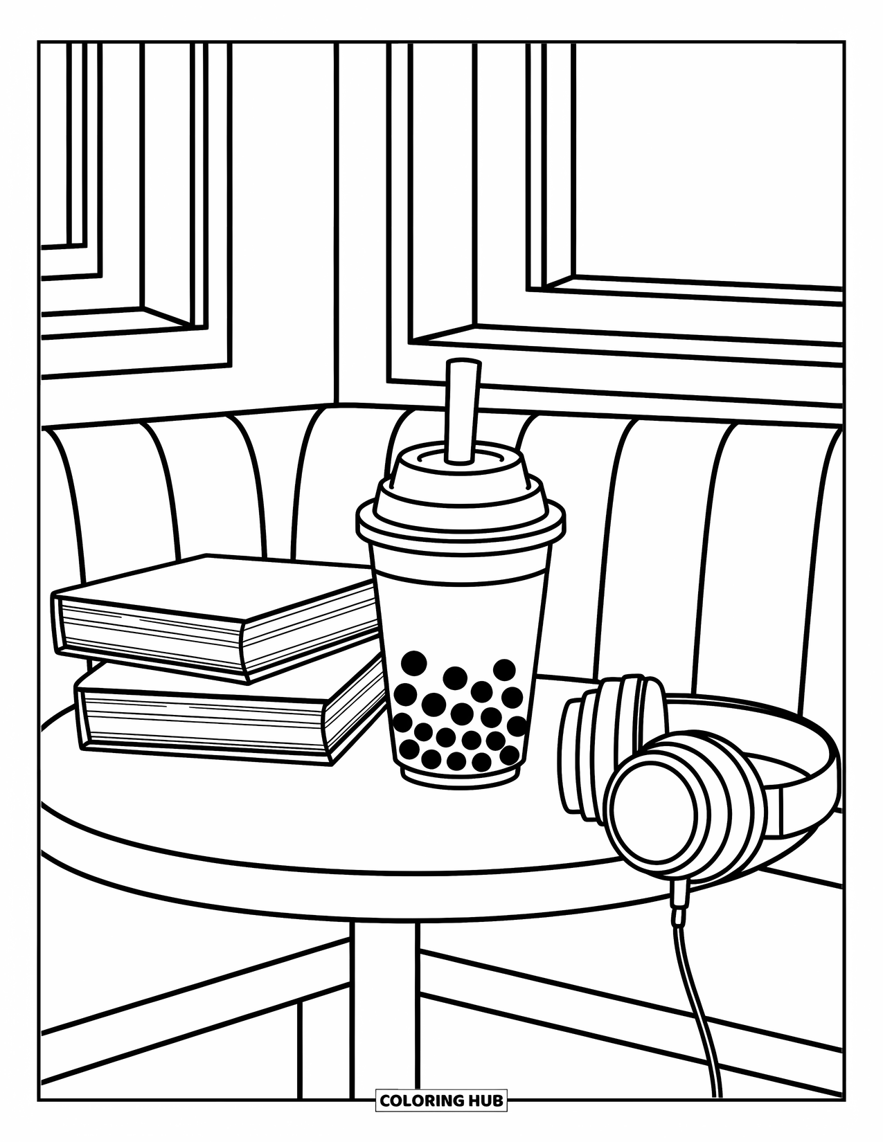 Boba Tea Kleurplaat voor Kinderen: Een boba beker zit in een cafÈhokje met boeken en een koptelefoon op tafel