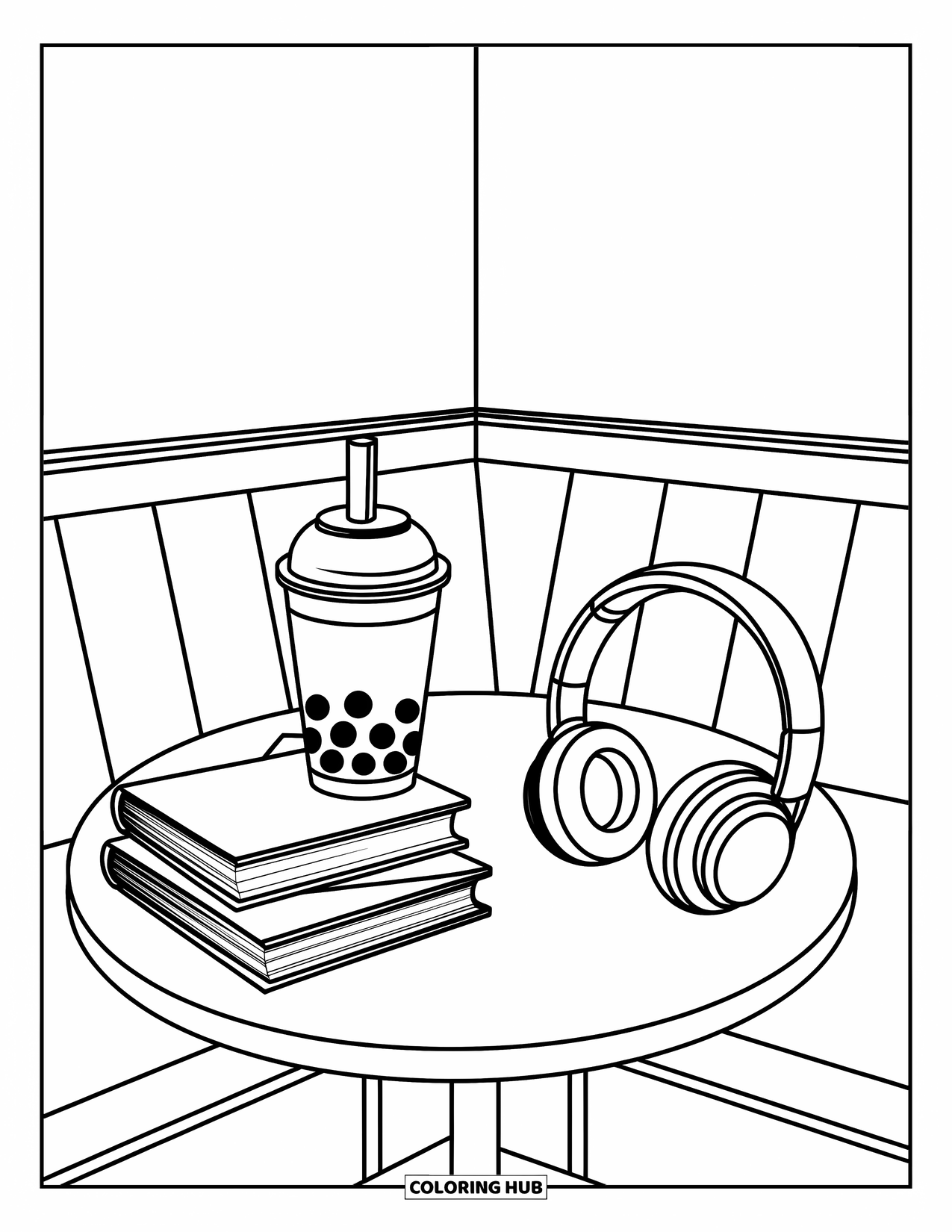 Boba Tea Kleurplaat voor Kinderen: Een boba beker zit in een gezellig cafÈ met gestapelde boeken en een koptelefoon in de buurt