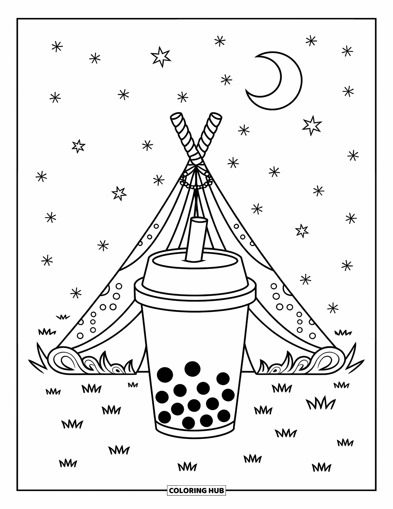 Boba Tea Kleurplaat voor Kinderen: Een boba beker staat voor een gezellige tent onder fonkelende sterren en een halve maan