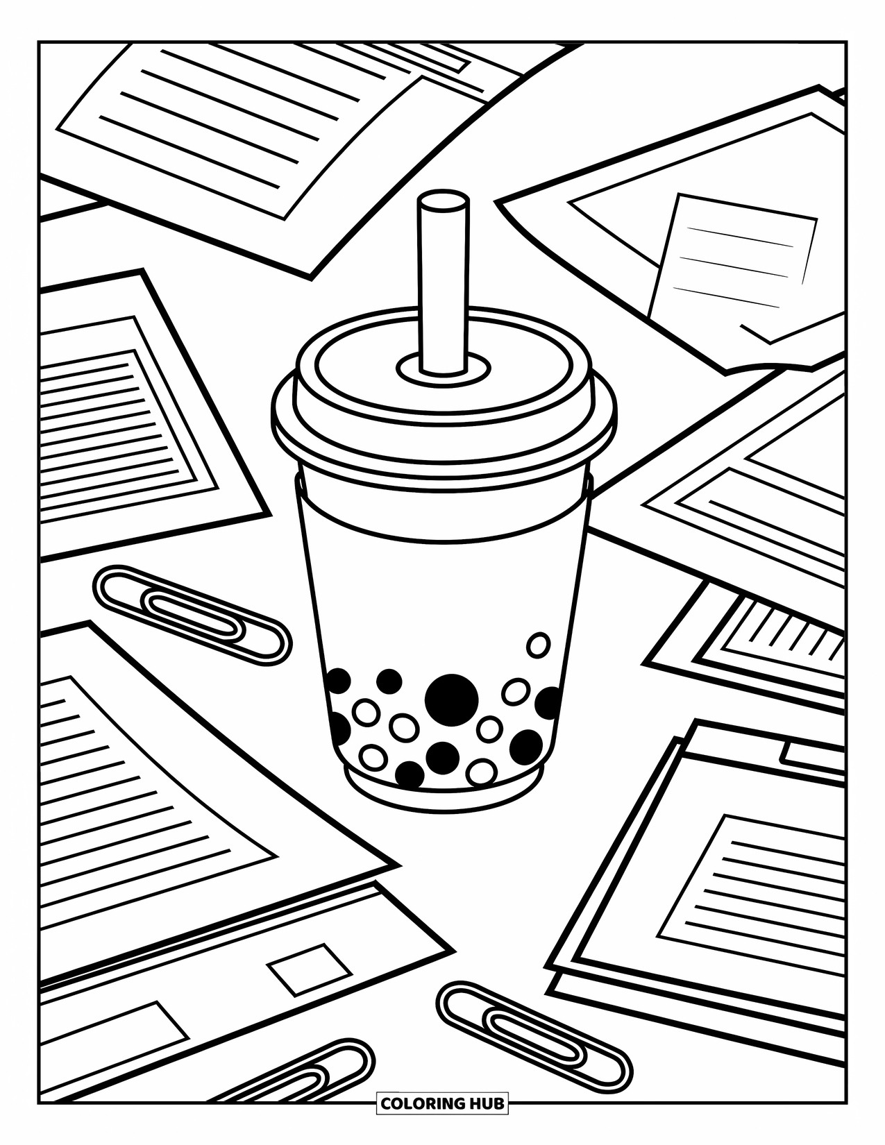 Boba Tea Kleurplaat voor Kinderen: Een boba beker zit op een bureau, omringd door papieren vellen en paperclipcontouren