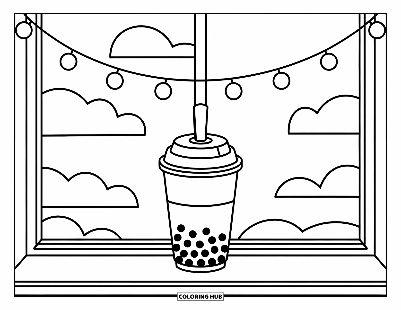 Boba Tea Kleurplaat voor Kinderen: Een boba-beker zit op een vensterbank met lichtslingers en zwevende wolkvormen buiten