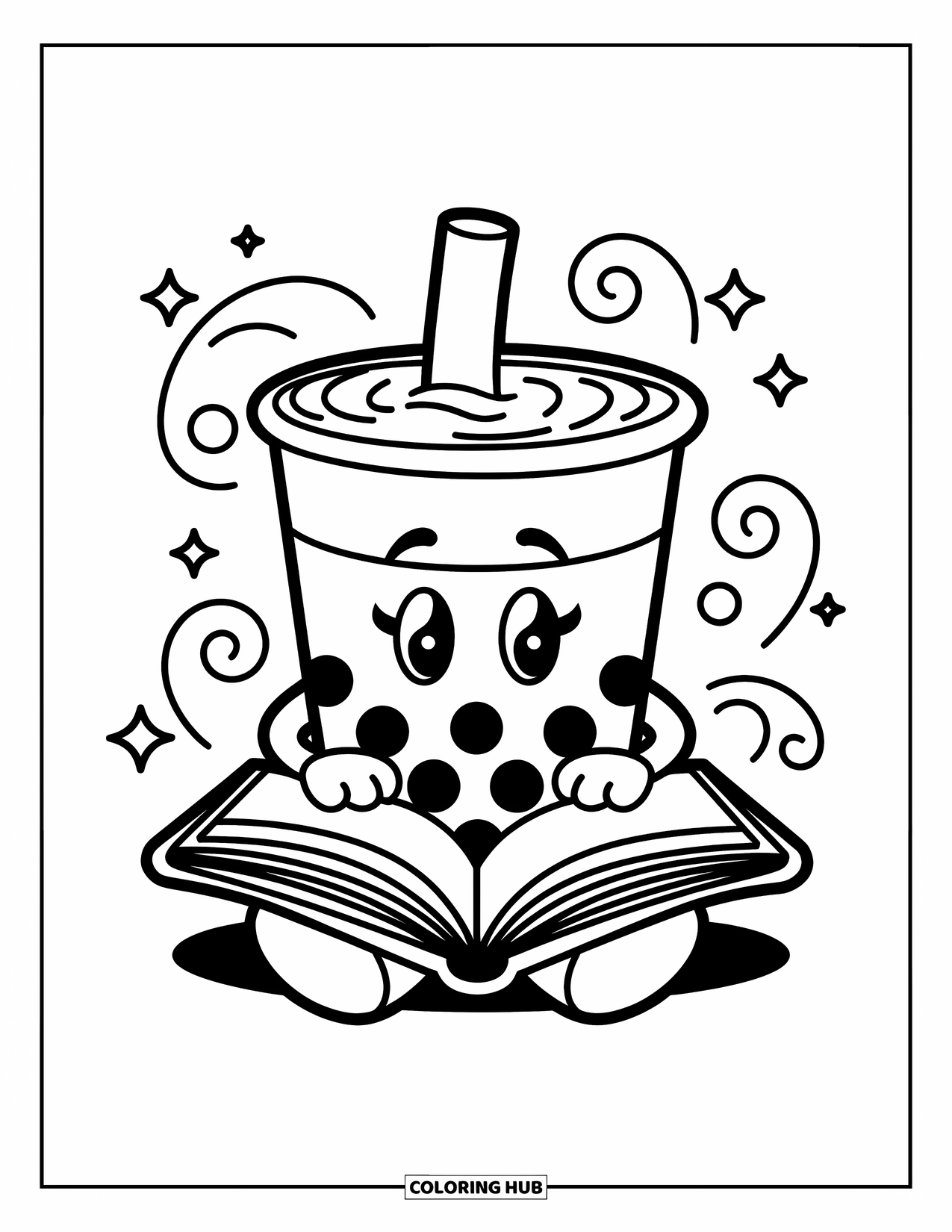 Boba Tea Kleurplaat voor Kinderen: Een boba-beker die met gekruiste benen zit, gefocust op een open boek met wervelingen die ronddansen