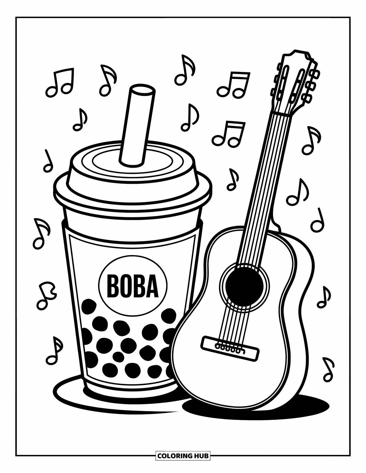 Boba Tea Kleurplaat voor Kinderen: Een boba-beker staat naast een gitaar met muzieknoten die speels rondwervelen