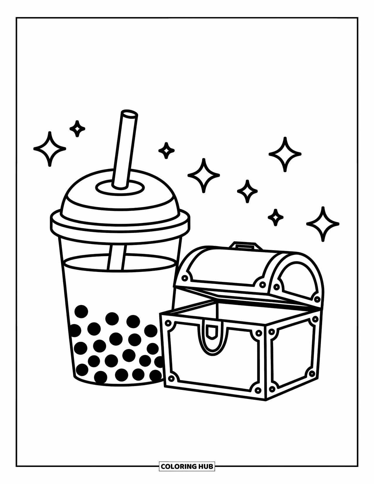 Boba Tea Kleurplaat voor Kinderen: Een boba-beker staat naast een schatkist gevuld met sprankelende, eenvoudige edelstenen