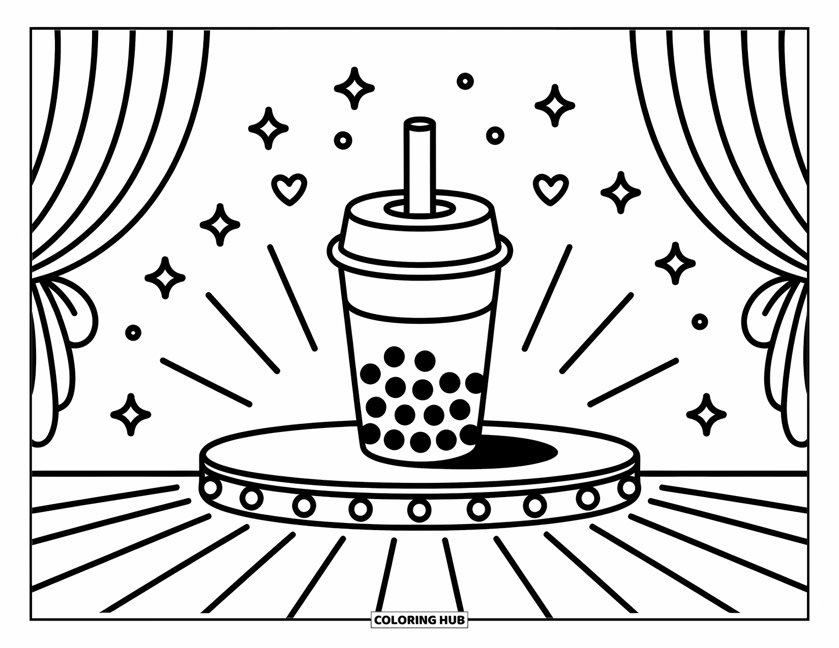 Boba Tea Kleurplaat voor Kinderen: Een boba beker staat op het podium met gordijnen, omringd door sterren en zwevende harten