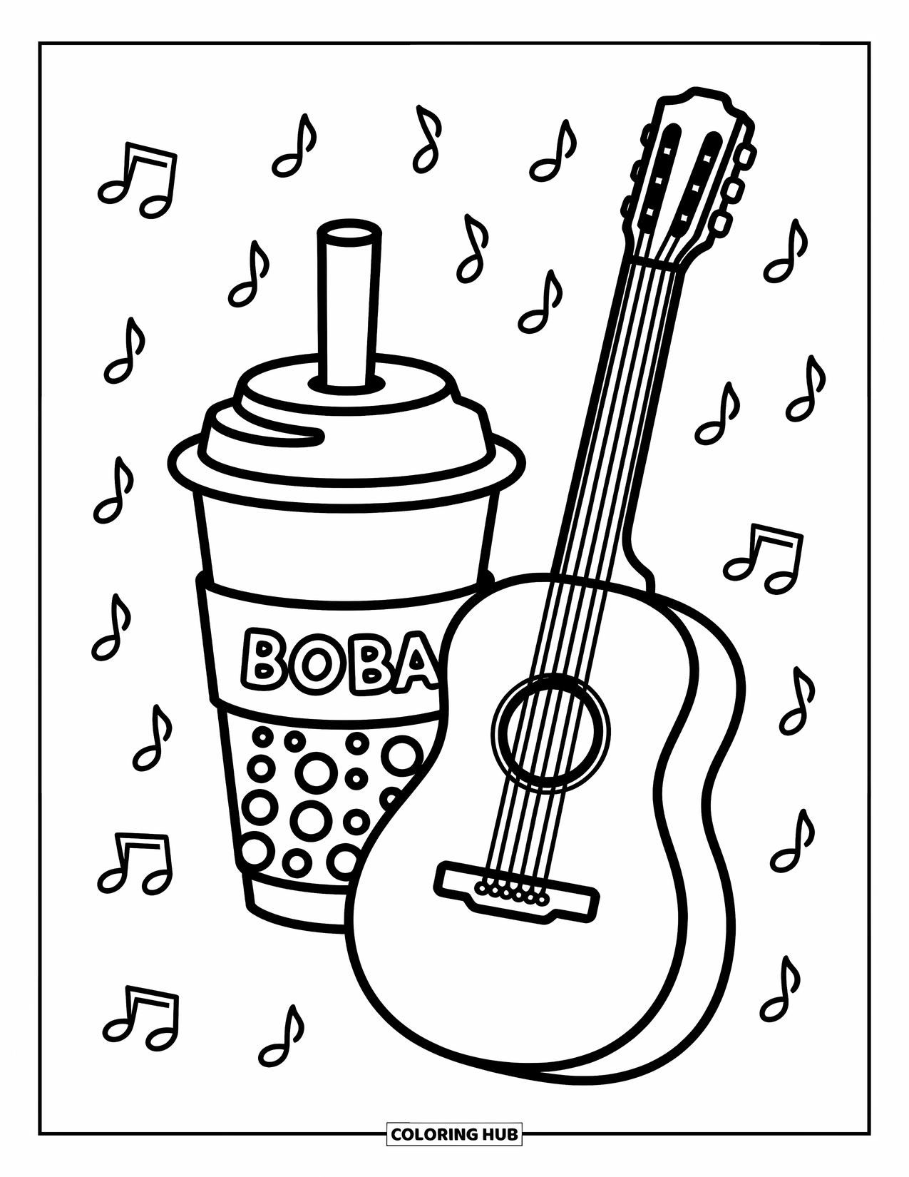 Boba Tea Kleurplaat voor Kinderen: Een boba beker staat met een leunende gitaar en speelse muzieknoten eromheen