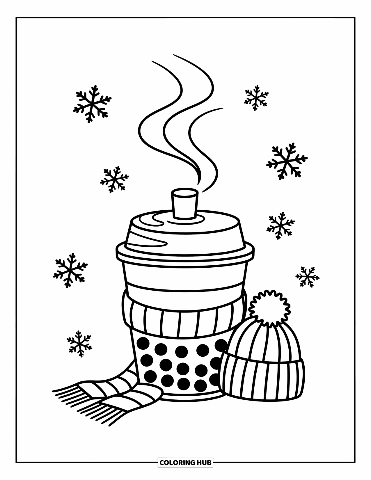 Boba Tea Kleurplaat voor Kinderen: Een boba beker met een sjaal en muts zit met opstijgende stoom en vallende sneeuwvlokken