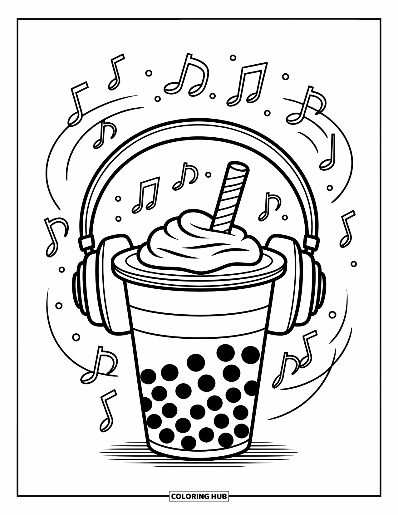 Boba Tea Kleurplaat voor Kinderen: Een boba beker met een koptelefoon met muzikale noten die speels rondwervelen