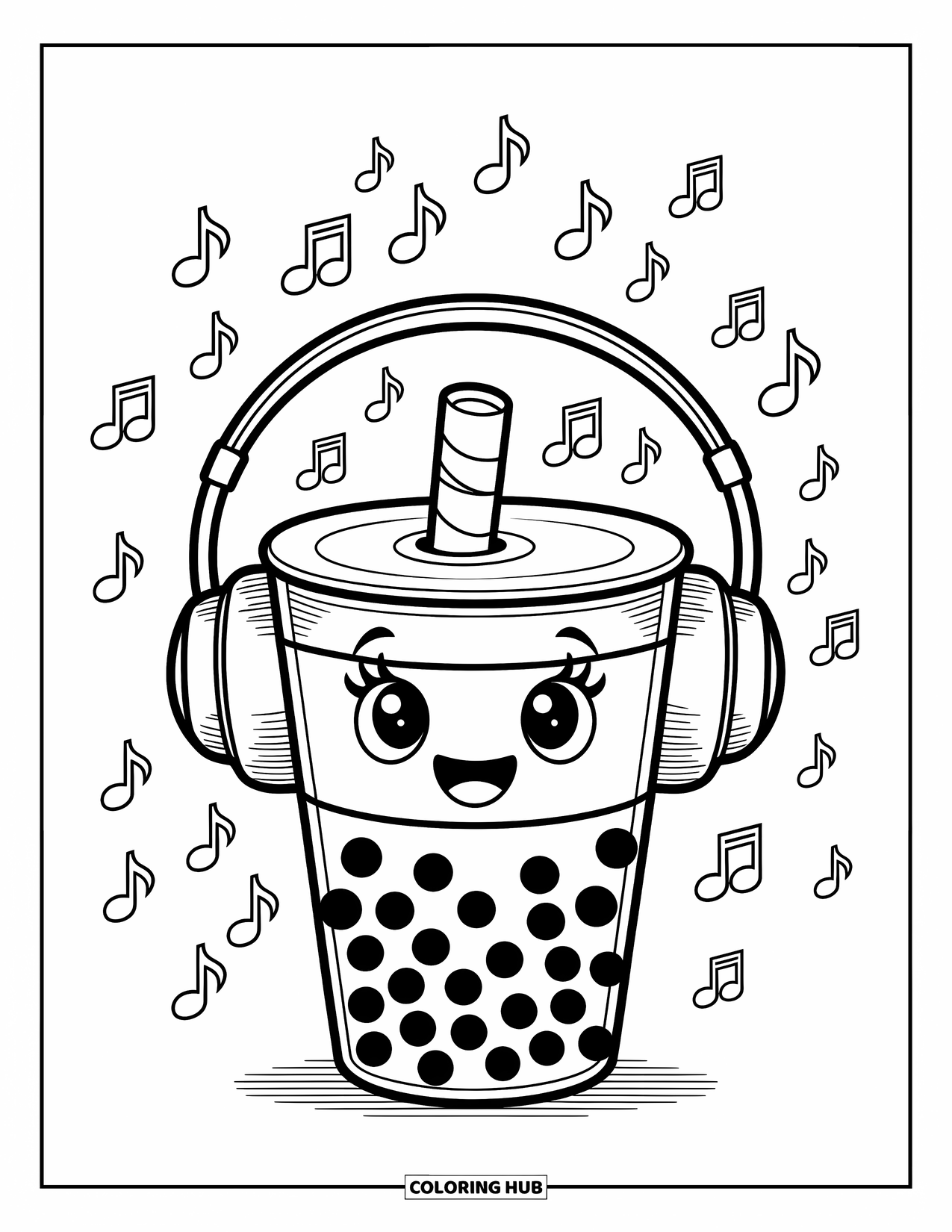 Boba Tea Kleurplaat voor Kinderen: Een boba-beker met een koptelefoon met grote ogen en muzieknoten die rondwervelen