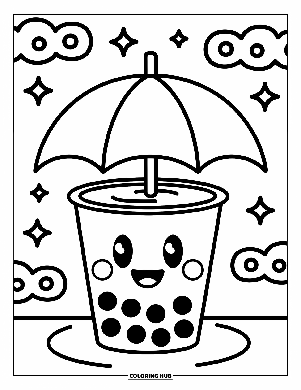 Boba Tea Kleurplaat voor Kinderen: Een boba-beker met een blije glimlach die een klein parapluutje vasthoudt, omringd door speelse wolken en sterren