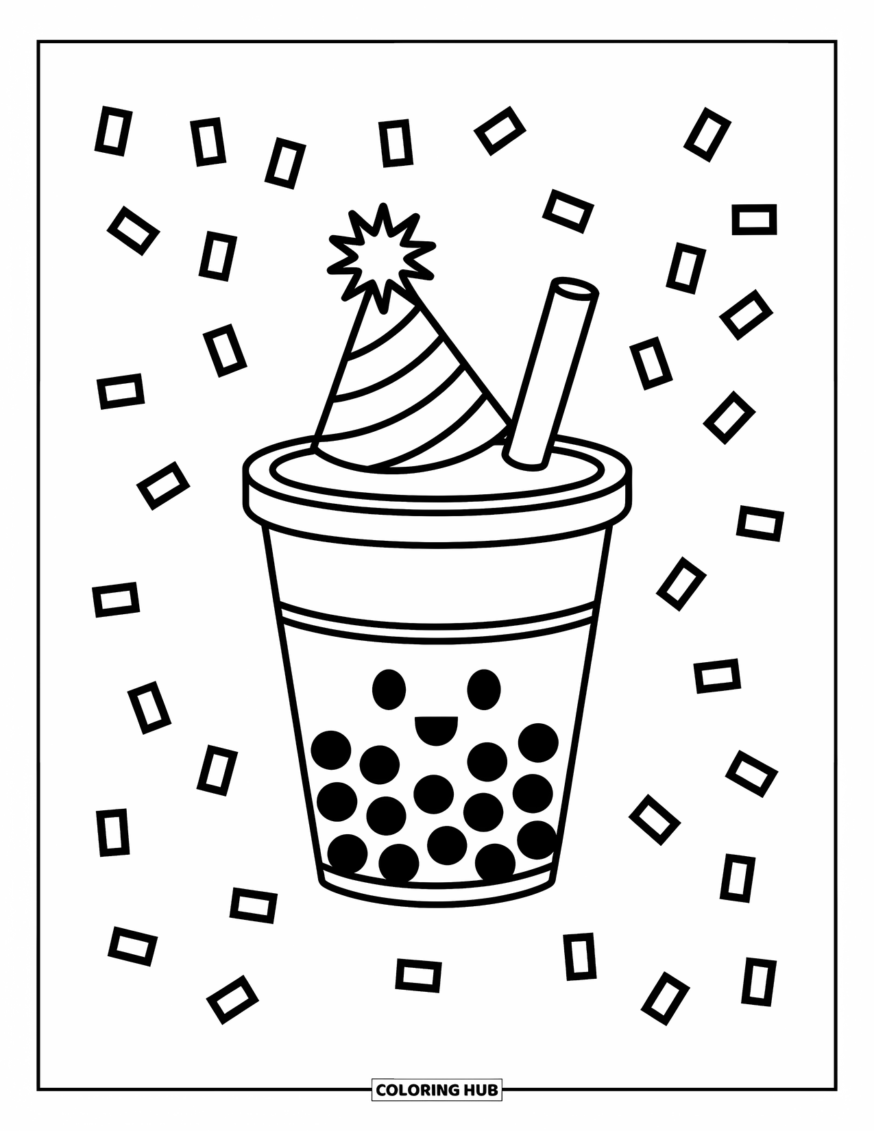 Boba Tea Kleurplaat voor Kinderen: Een boba-beker met een feesthoed en confetti creëert een vrolijke, eenvoudige scène