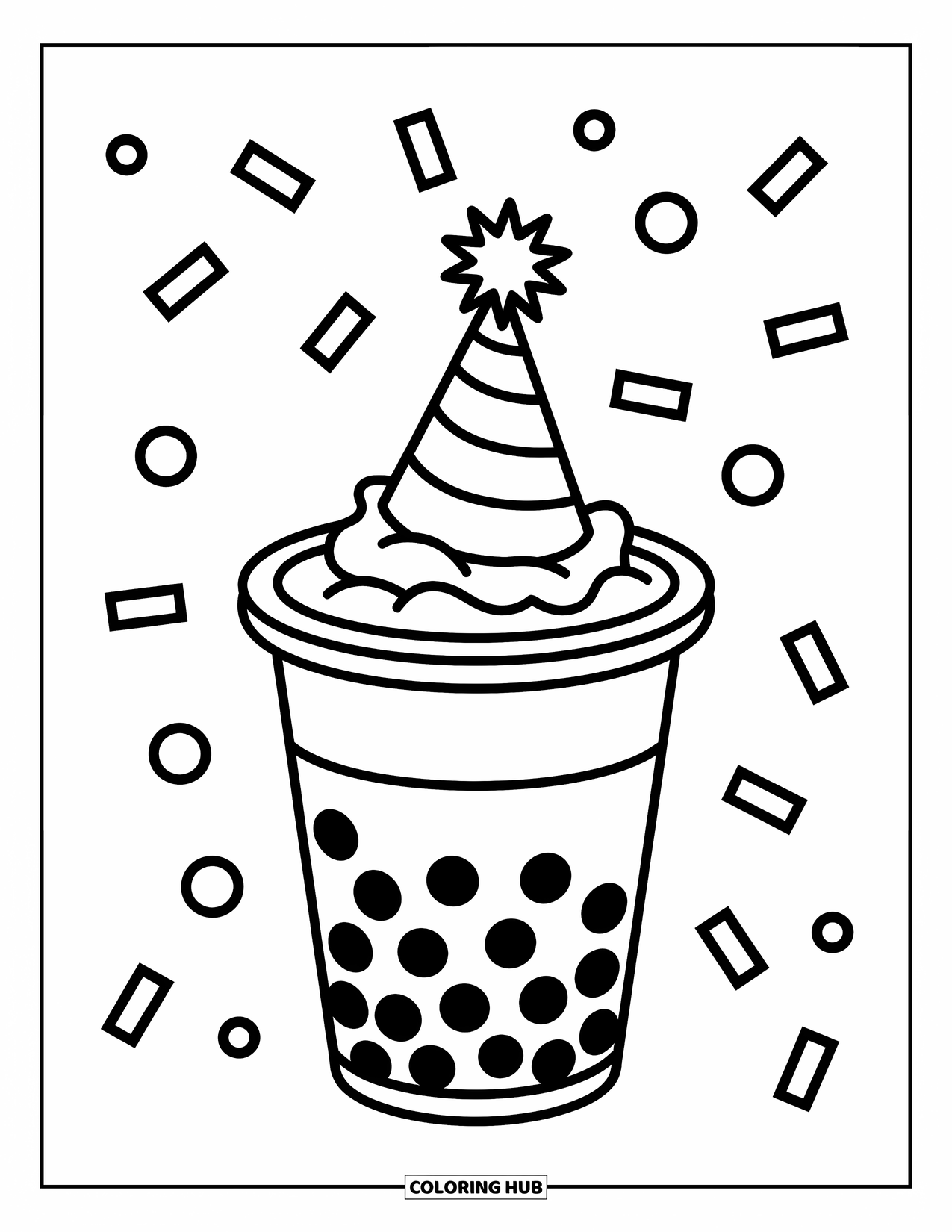 Boba Tea Kleurplaat voor Kinderen: Een boba-beker met een feesthoed en zwevende confetti voegt plezier toe aan de scène