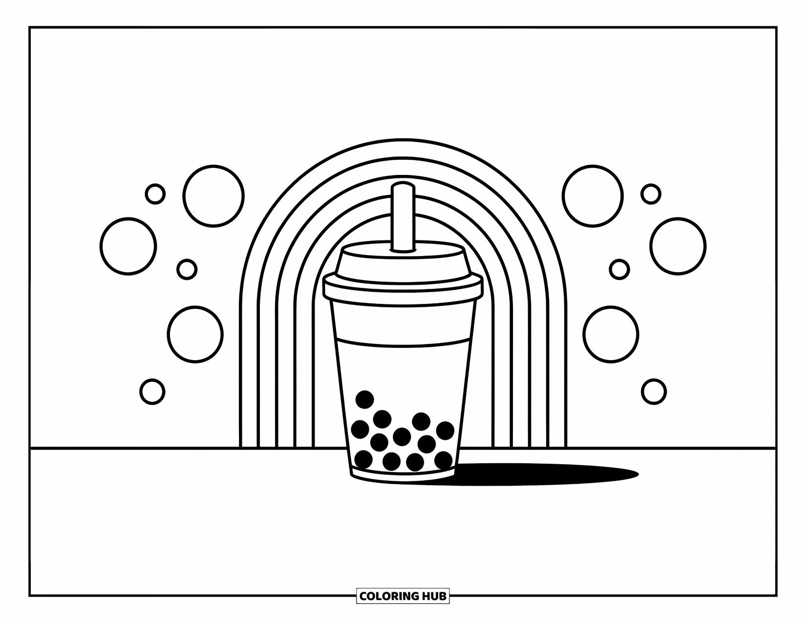 Boba Tea Kleurplaat voor Kinderen: Een boba beker met een regenboogboog en cirkels, ontworpen met grote, speelse ruimtes