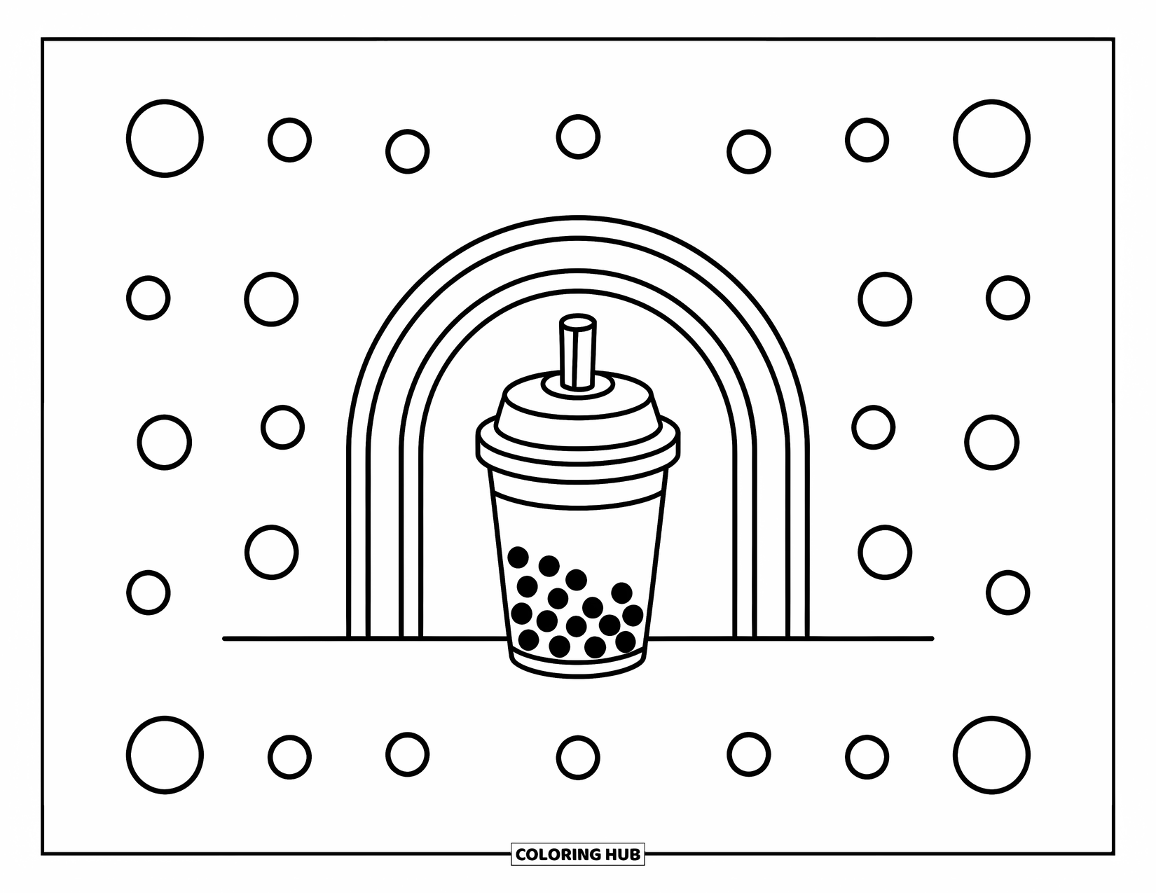 Boba Tea Kleurplaat voor Kinderen: Een boba-beker met een regenboogboog en verspreide cirkels, met vrolijke, eenvoudige vormen