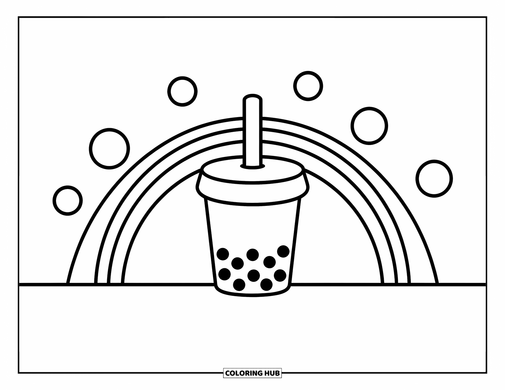 Boba Tea Kleurplaat voor Kinderen: Een boba-beker met een regenboogboog en verspreide cirkels, met grote, eenvoudige secties