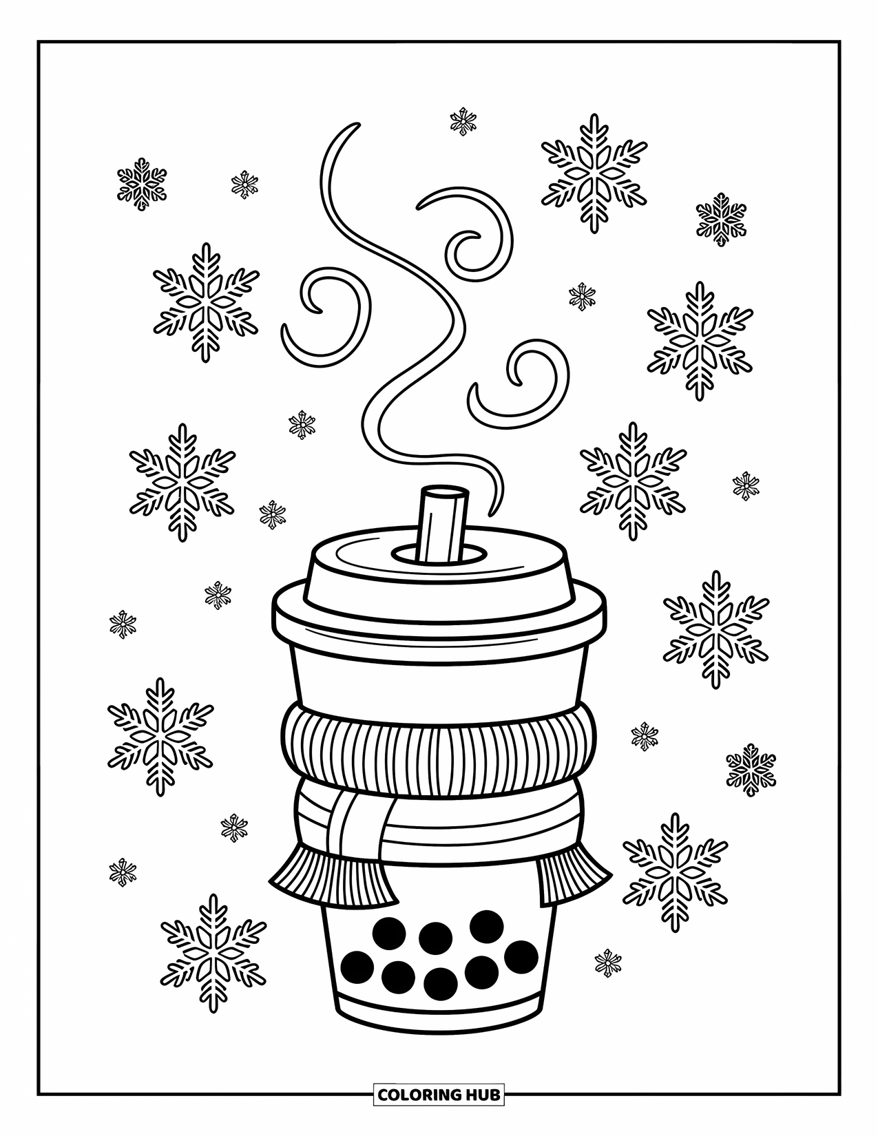 Boba Tea Kleurplaat voor Kinderen: Een boba beker met een sjaal en muts rust in de sneeuw, omringd door wervelende stoomlijnen
