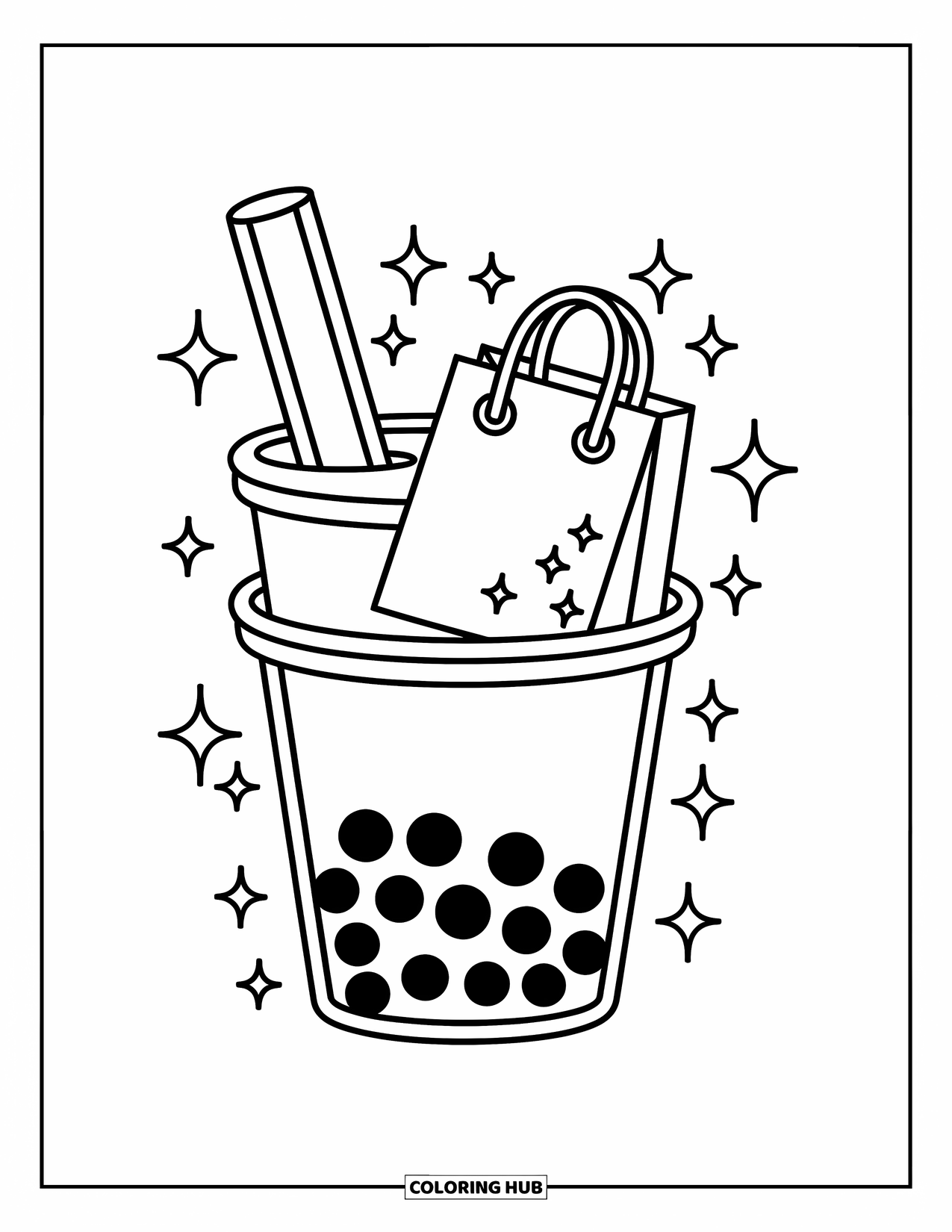 Boba Tea Kleurplaat voor Kinderen: Een boba beker met een boodschappentas valt op door glitters en gedurfde, dynamische lijnen