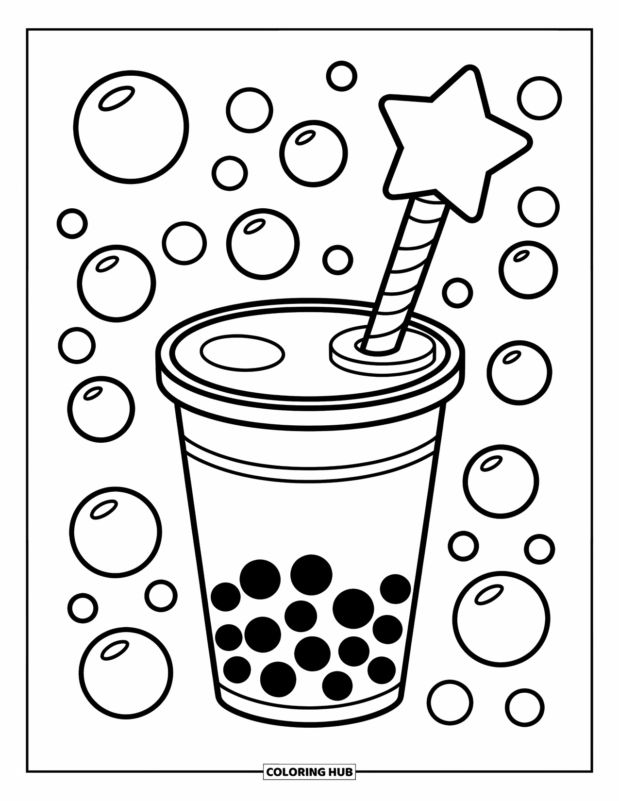 Boba Tea Kleurplaat voor Kinderen: Een boba-beker met een sterrentoverstaf en speelse bubbels die ronddrijven