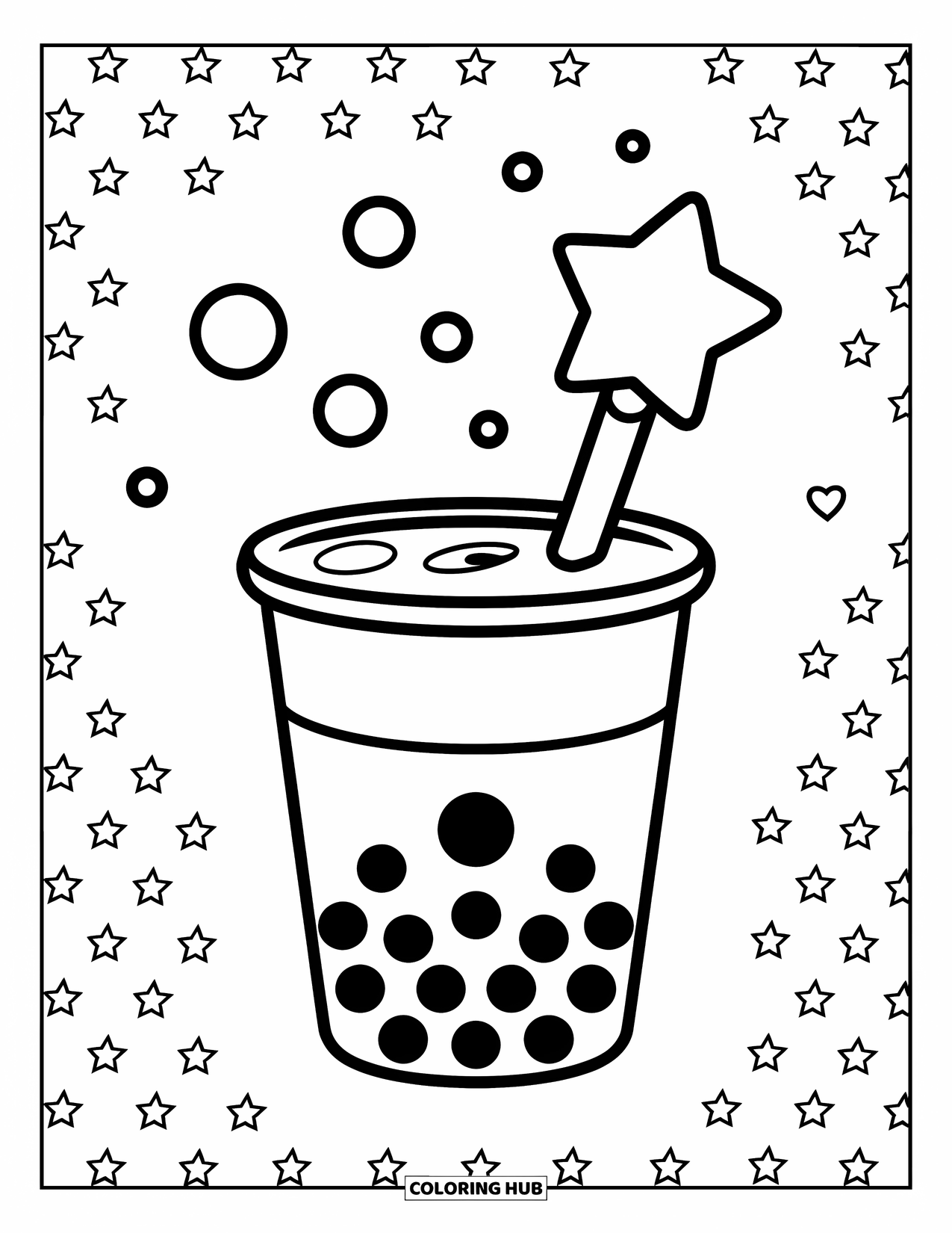 Boba Tea Kleurplaat voor Kinderen: Een boba beker met een sterrentoverstaf, met kleine sterren en harten eromheen