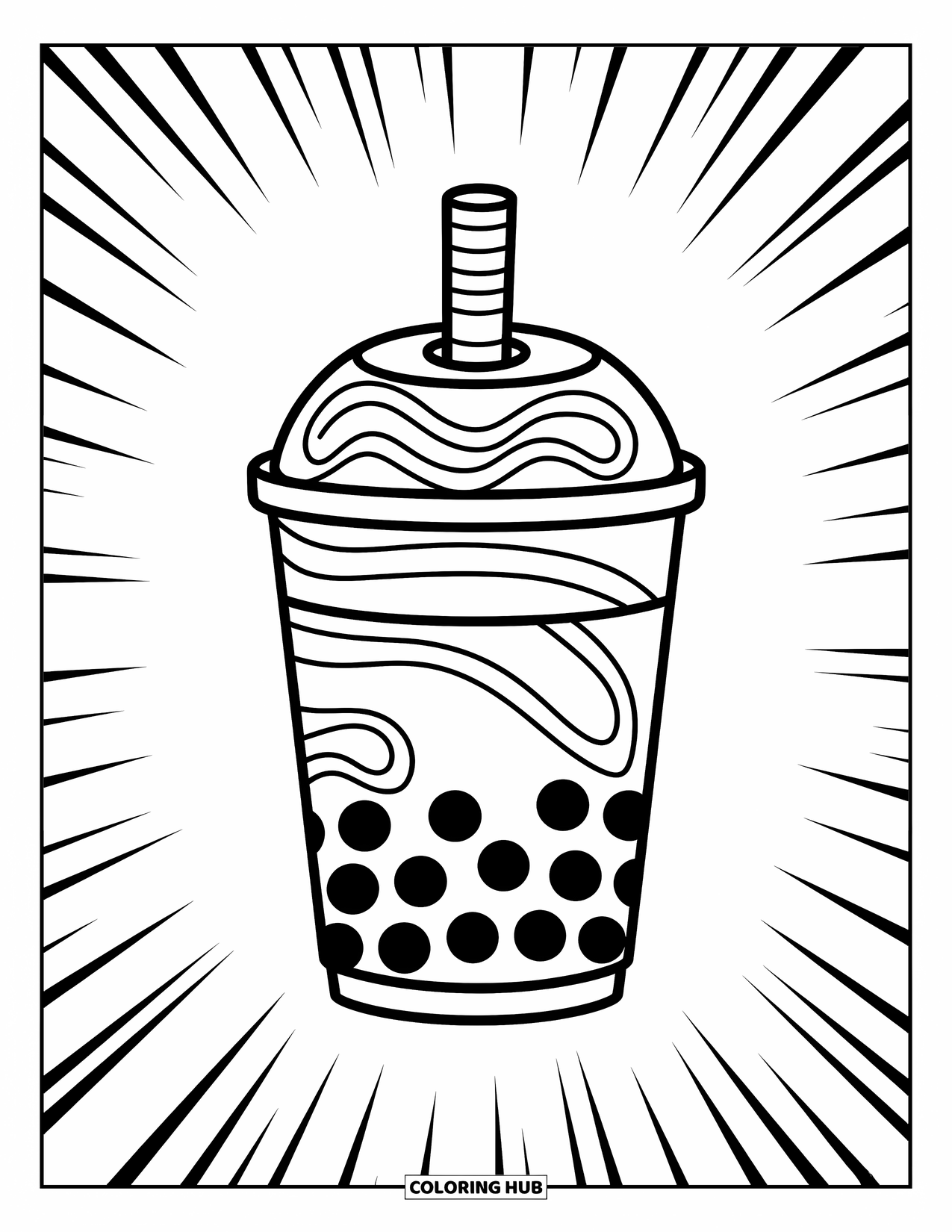 Boba Tea Kleurplaat voor Kinderen: Een boba beker met een gestreept rietje en grillige wervelingen eromheen