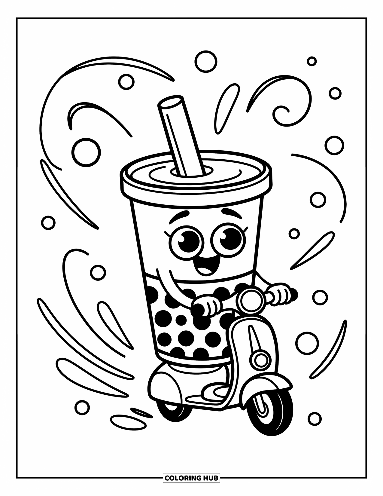 Boba Tea Kleurplaat voor Kinderen: Een boba-beker met grote ogen rijdt op een scooter met zwierlijnen en dansende cirkels