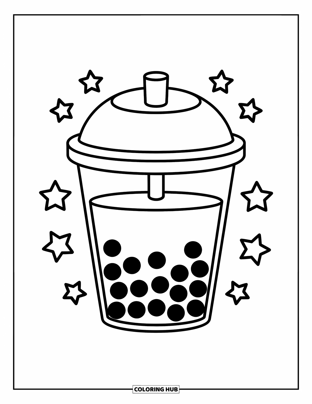 Boba Tea Kleurplaat voor Kinderen: Een boba-beker met grote parels en zwevende sterren creëert een speelse scène