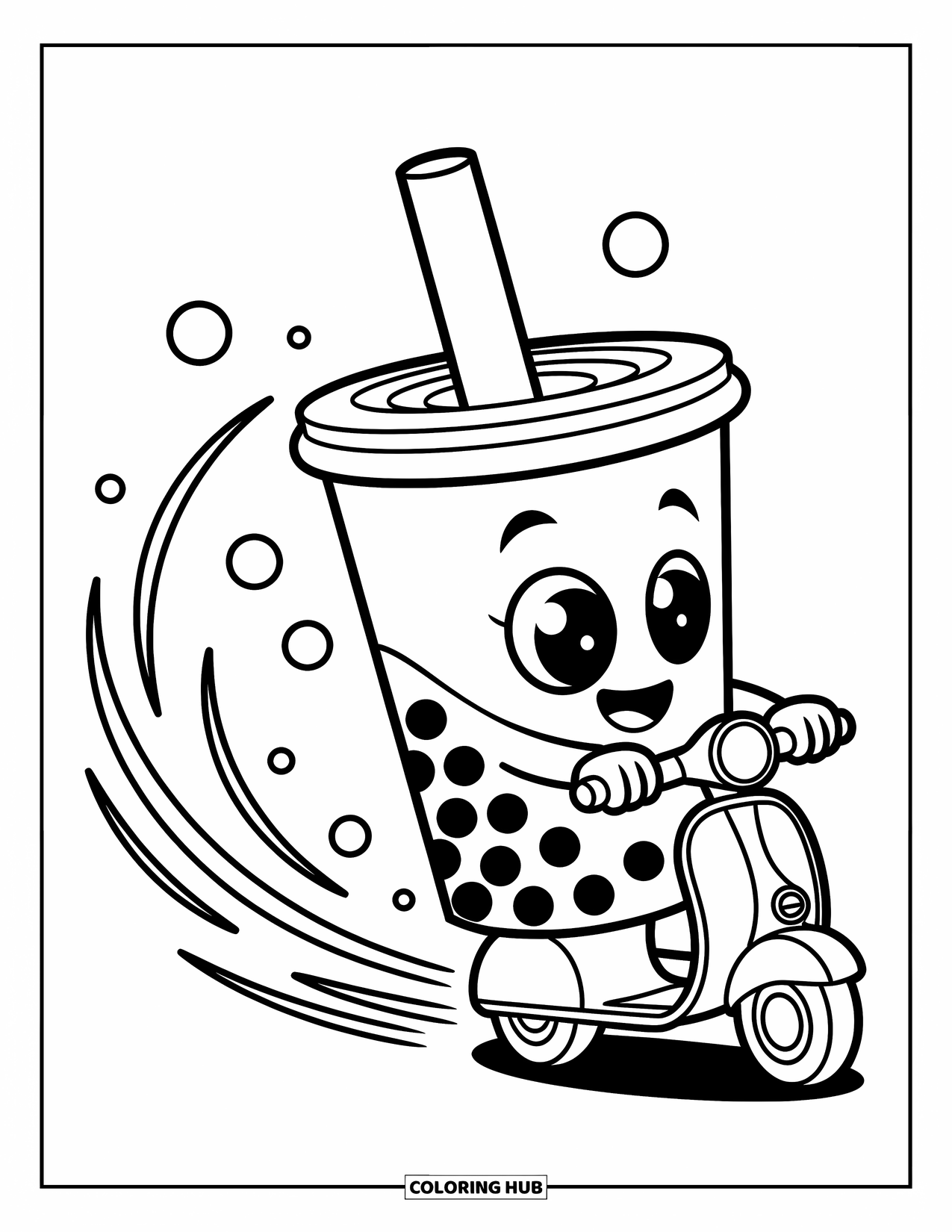 Boba Tea Kleurplaat voor Kinderen: Een boba beker met vriendelijke ogen rijdt op een scooter met swoosh-lijnen erachter