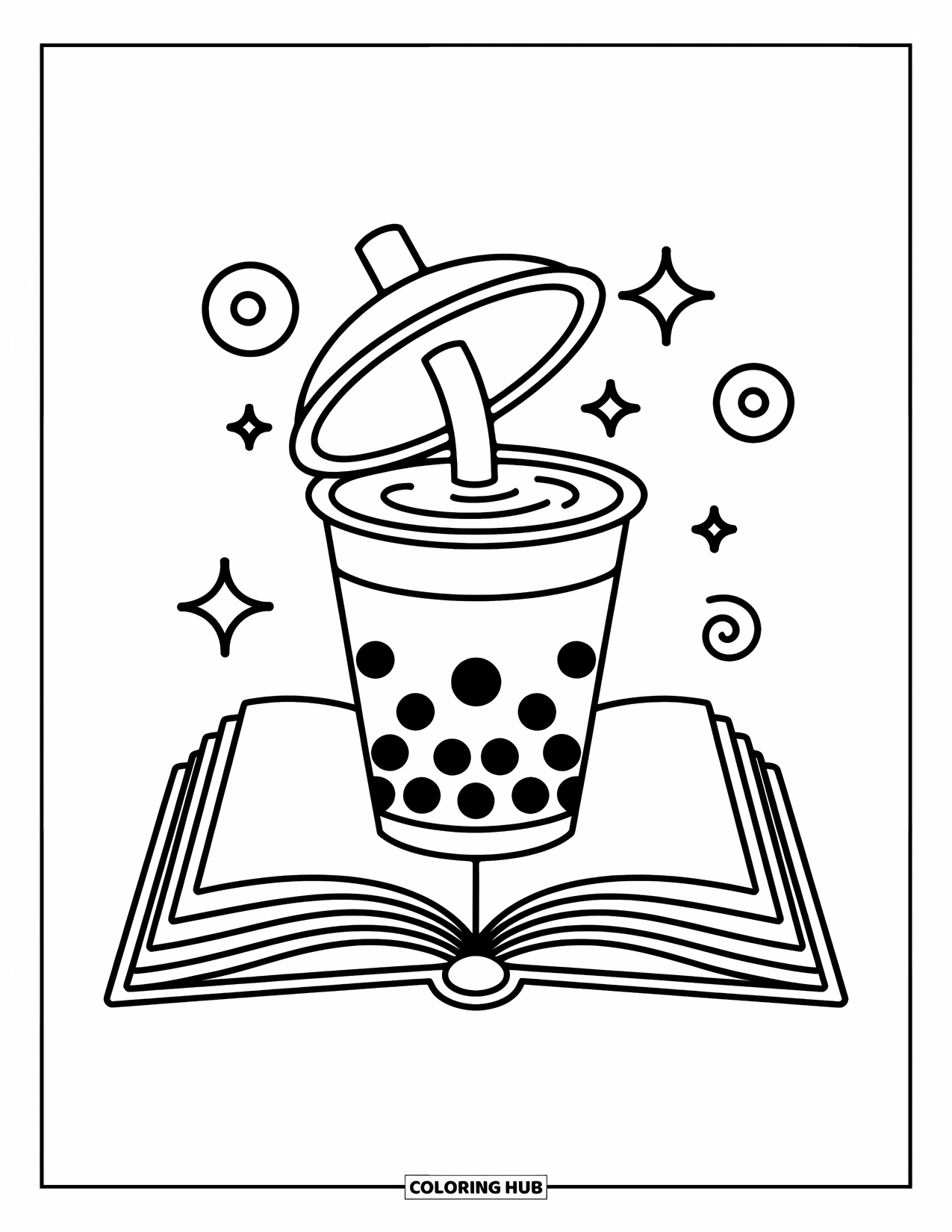 Boba Tea Kleurplaat voor Kinderen: Een boba beker met het deksel open, die een boek leest met speelse wervelingen eromheen