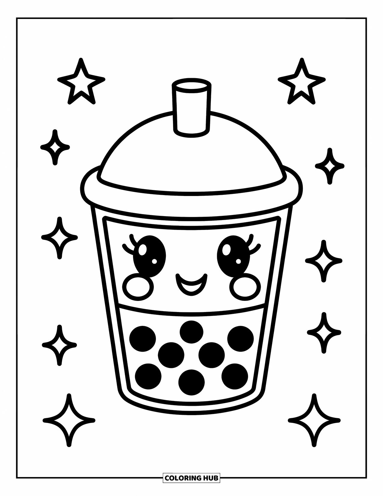 Boba Tea Kleurplaat voor Kinderen: Een boba-beker met grote parels zit omringd door kleine grillige sterren