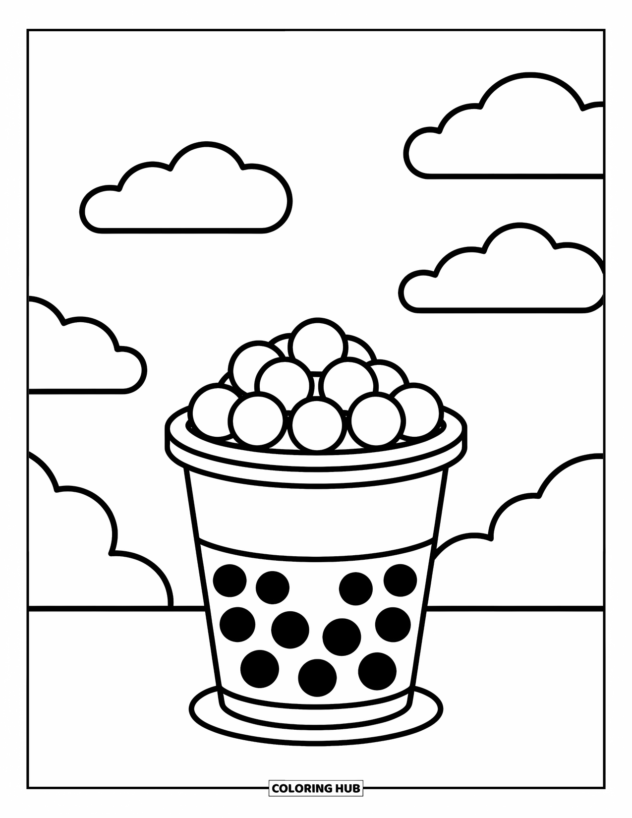 Boba Tea Kleurplaat voor Kinderen: Een boba-beker met ronde parels en drie pluizige wolken die in de buurt zweven
