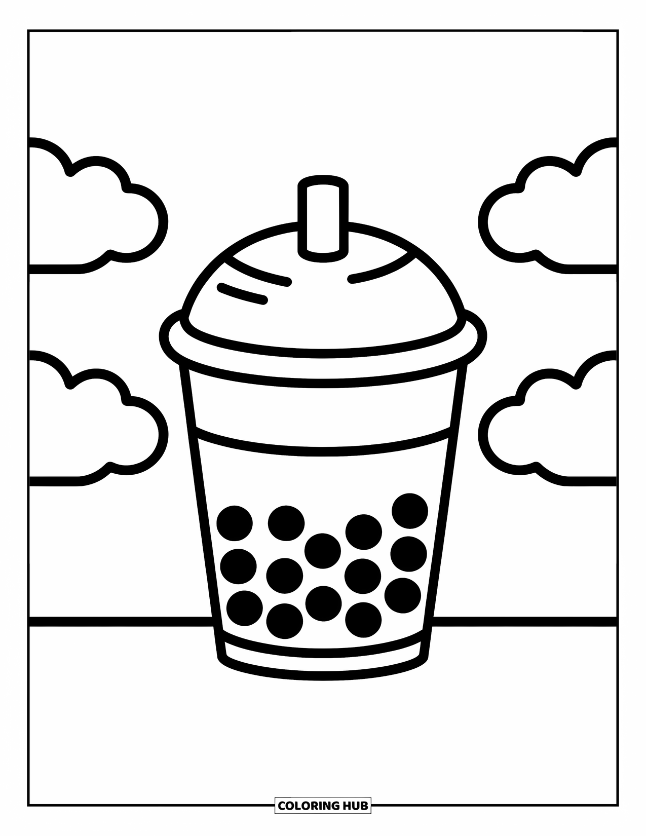 Boba Tea Kleurplaat voor Kinderen: Een boba beker met ronde parels, omringd door speelse wolken die erboven zweven