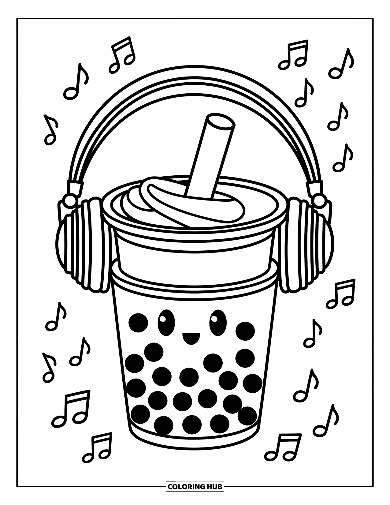 Boba Tea Kleurplaat voor Kinderen: Een boba-beker met een stijlvolle koptelefoon, omringd door wervelende muzieknoten