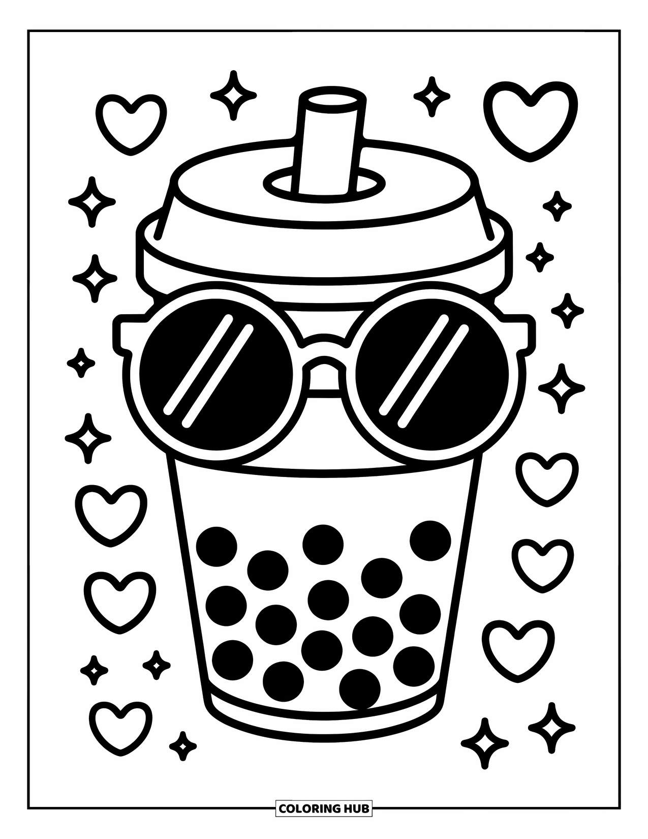 Boba Tea Kleurplaat voor Kinderen: Een boba beker met een zonnebril en hartvormige bubbels en fonkelende sterren die rondzweven