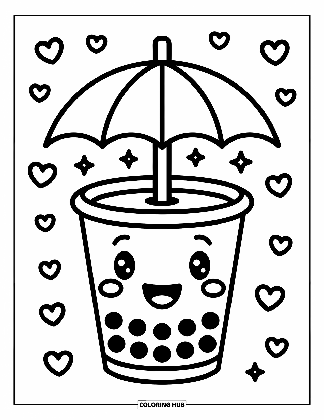 Boba Tea Kleurplaat voor Kinderen: Een vrolijke boba beker die een paraplu vasthoudt met verspreide harten en sterren