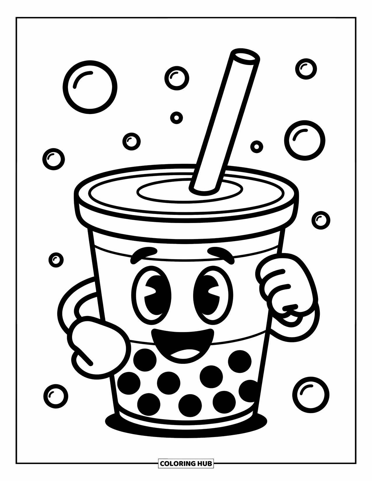Boba Tea Kleurplaat voor Kinderen: Een vrolijke boba beker met grote ogen houdt een rietje vast als een toverstaf met bubbels in de buurt