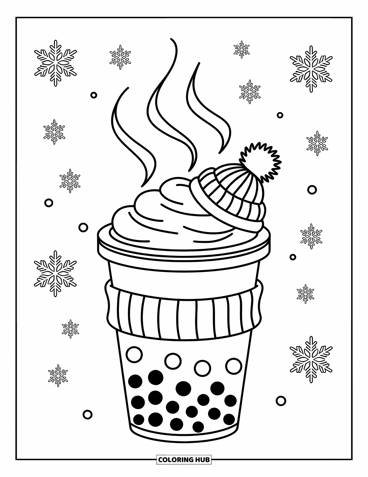 Boba Tea Kleurplaat voor Kinderen: Een gezellige boba-beker met een sjaal en muts zit terwijl stoom wervelt en sneeuwvlokken drijven