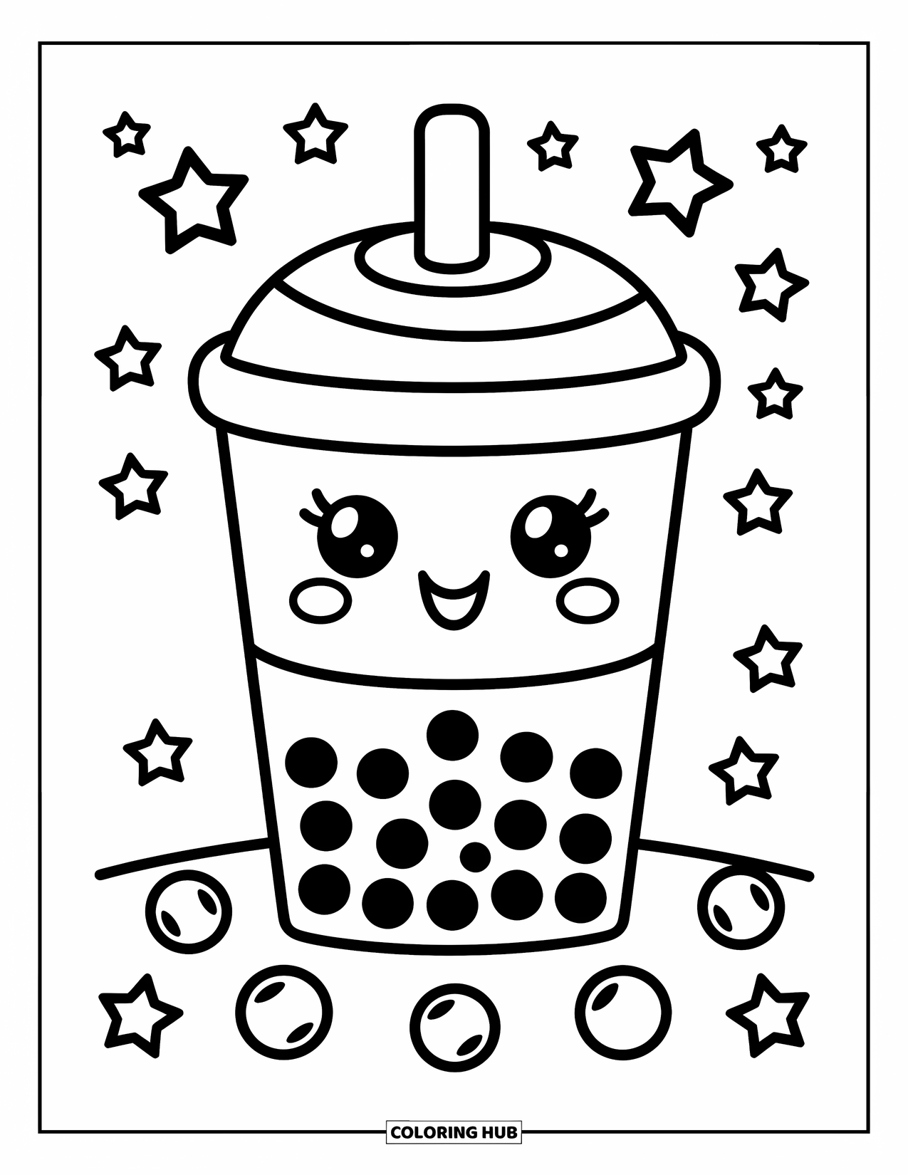 Boba Tea Kleurplaat voor Kinderen: Een schattige boba-beker met grote parels is omringd door kleine zwevende sterren
