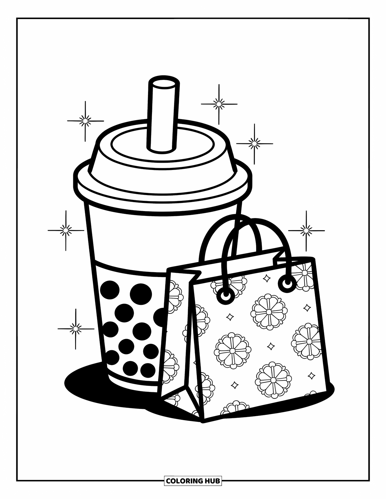 Boba Tea Kleurplaat voor Kinderen: Een modieuze boba beker draagt een boodschappentas, omringd door kleine glitters