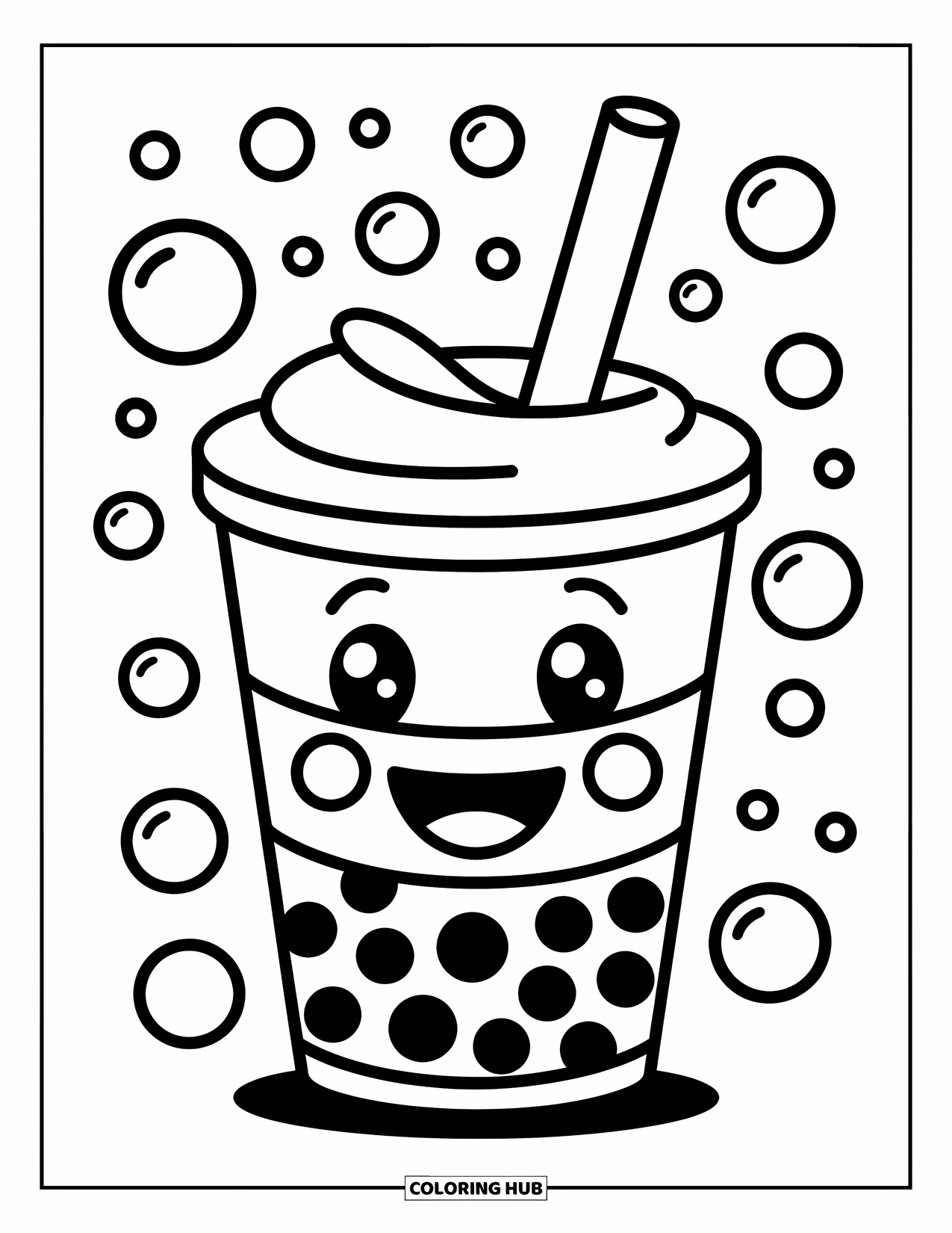 Boba Tea Kleurplaat voor Kinderen: Een blije boba-beker houdt een rietje vast als een toverstok met bubbels die rondzweven