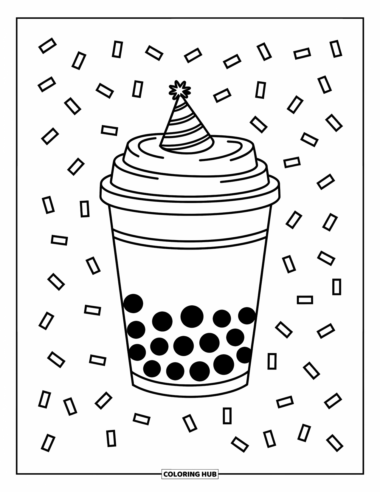 Boba Tea Kleurplaat voor Kinderen: Een vrolijke boba beker met een feesthoed staat tussen verspreide confetti
