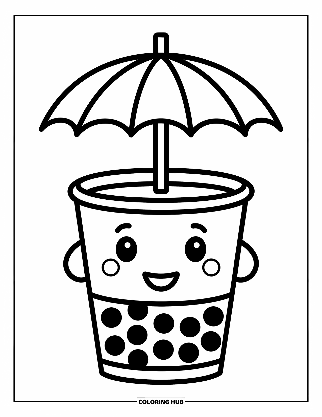 Boba Tea Kleurplaat voor Kinderen: Een vrolijke boba beker die een paraplu vasthoudt, met grillige wolken en sterren in de buurt