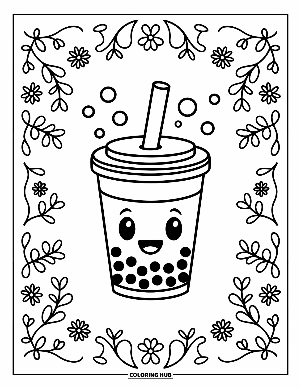 Boba Tea Kleurplaat voor Kinderen: Een vrolijke boba-beker houdt een rietje vast met bubbels en zachte bloempatronen eromheen