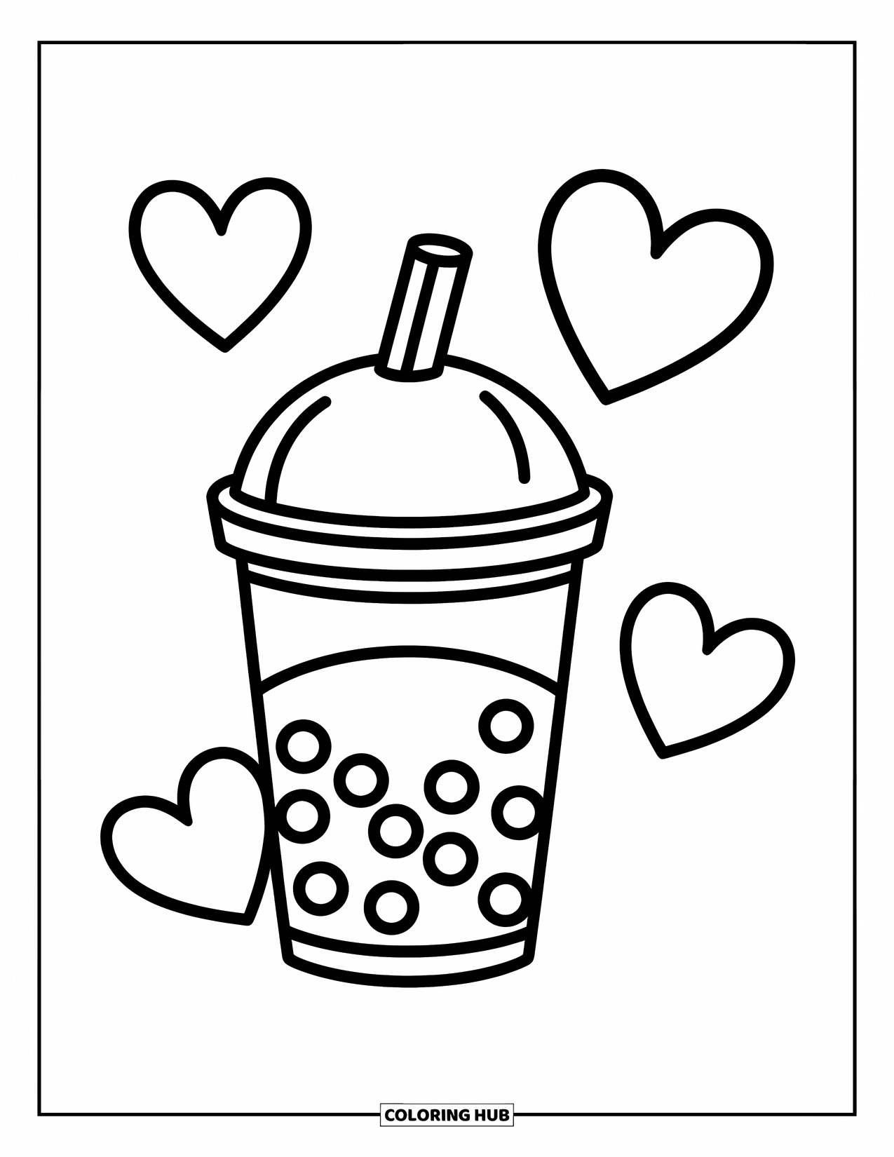 Boba Tea Kleurplaat voor Kinderen: Een grote boba-beker met een koepeldeksel en een breed rietje zit omringd door drie harten