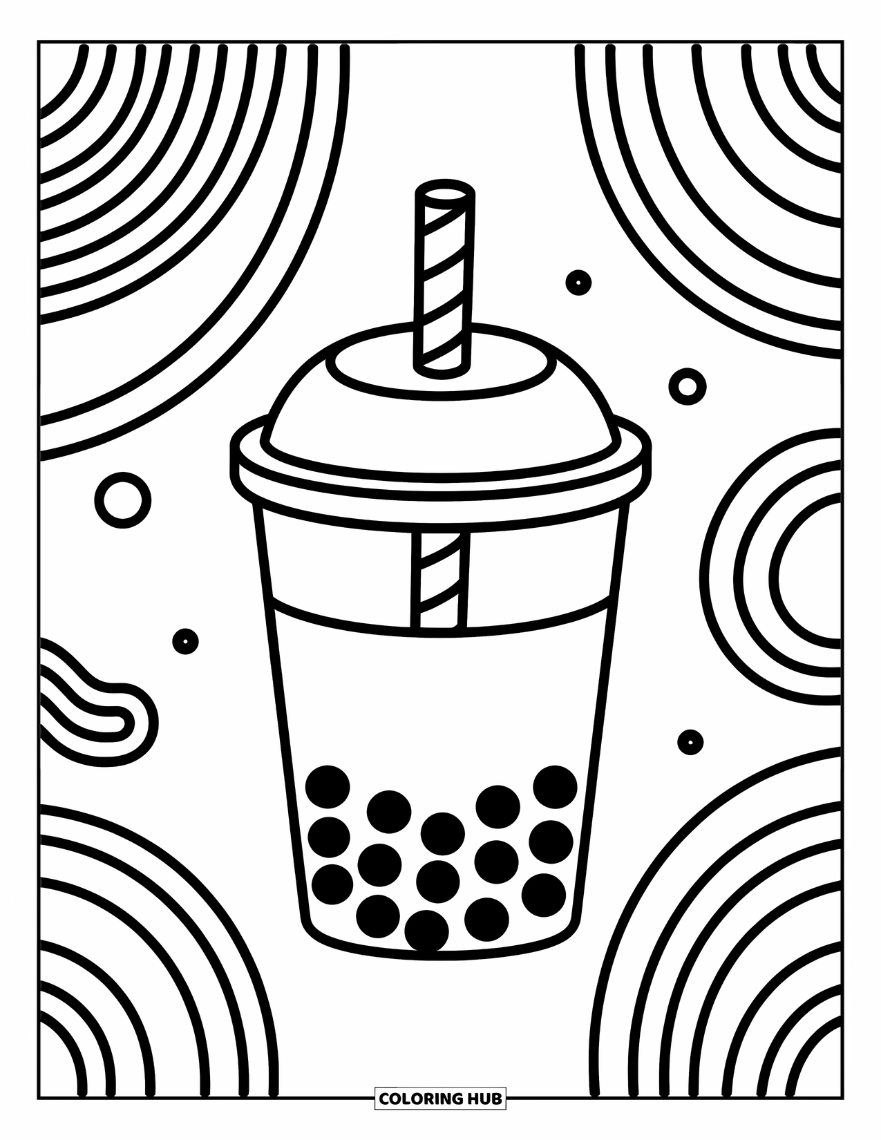 Boba Tea Kleurplaat voor Kinderen: Een grote boba-beker met een gestreept rietje en wervelende lijnen eromheen