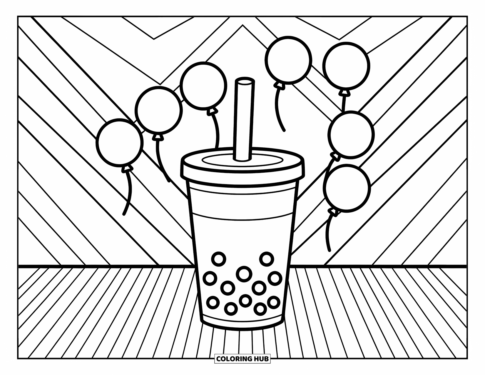 Boba Tea Kleurplaat voor Kinderen: Een grote boba-beker met speelse zigzaglijnen erachter en vrolijke ballonnen die in de buurt zweven