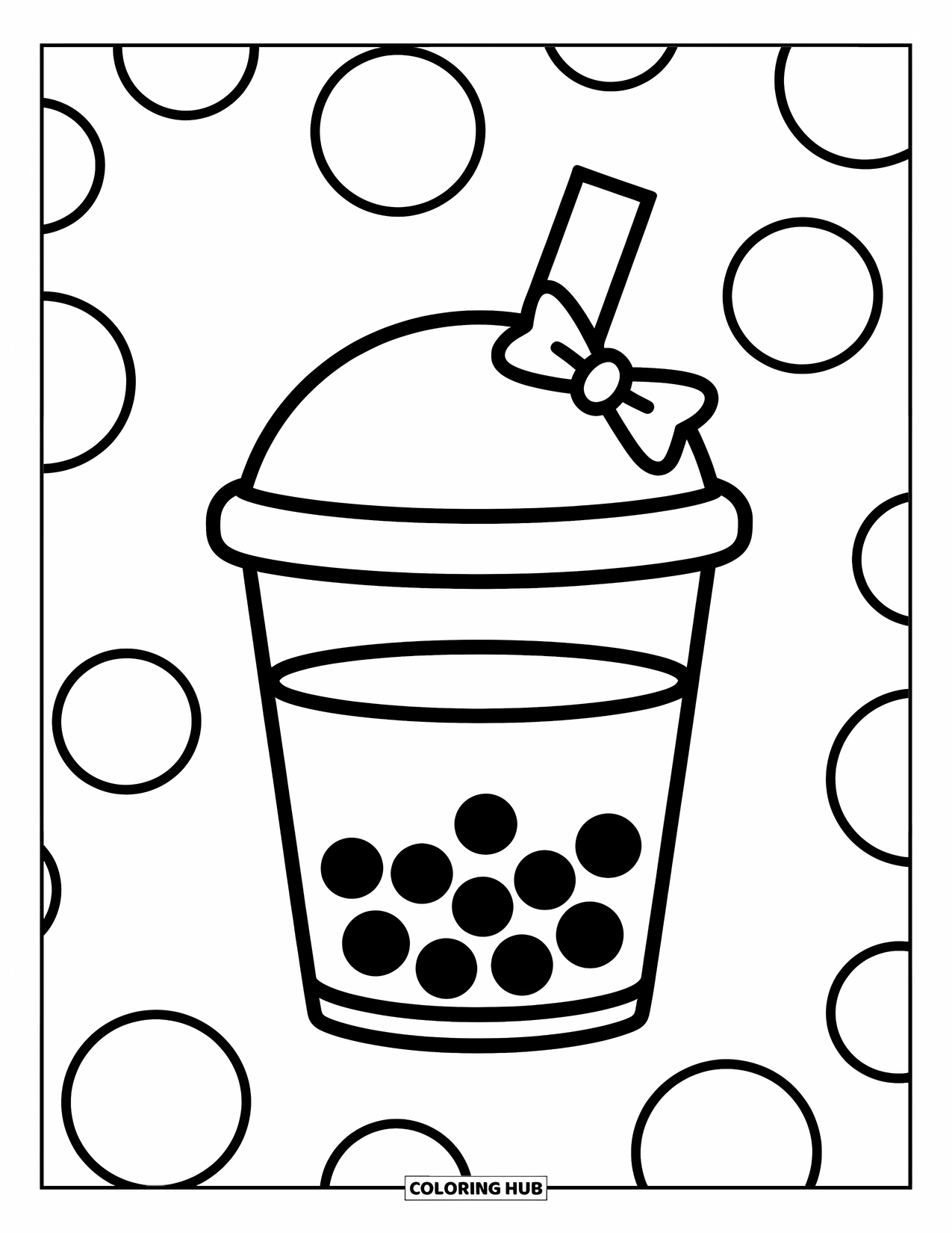 Boba Tea Kleurplaat voor Kinderen: Een eenvoudige boba beker met grote parels en een strik op het rietje zit rustig