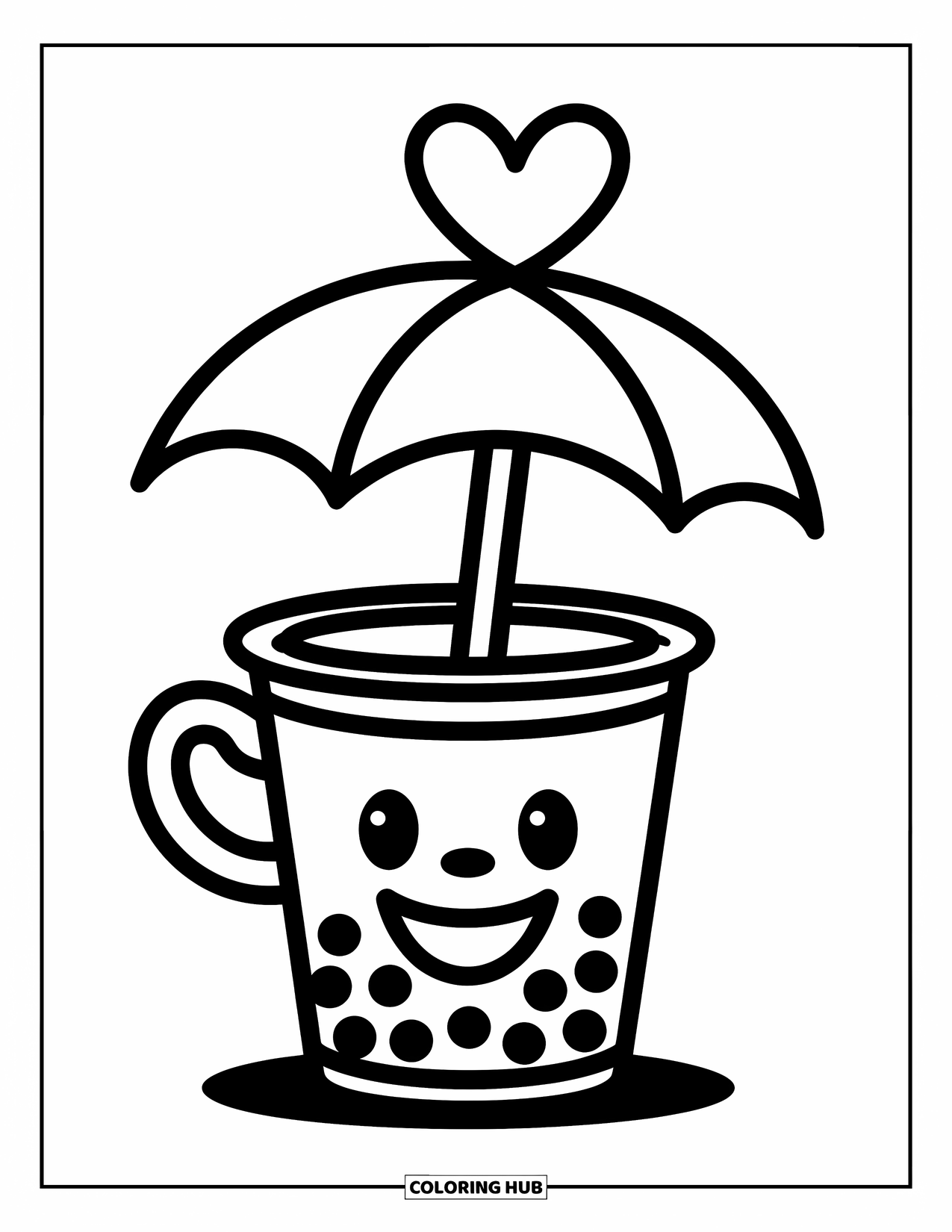 Boba Tea Kleurplaat voor Kinderen: Een lachende boba beker die een hartvormige paraplu vasthoudt, met speelse elementen eromheen
